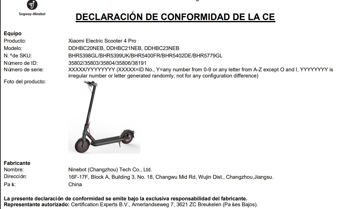 Certificacion CE Xiaomi Mi Electric Scooter 4 PRO